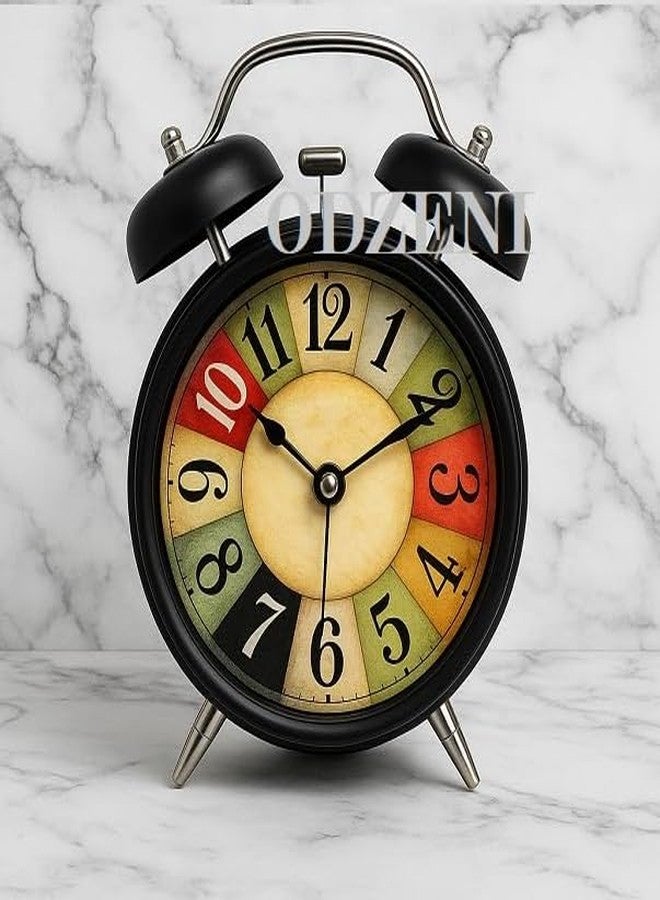Odzeni ساعة منبه تناظرية كلاسيكية مزدوجة الجرس من أودزيني - ساعة طاولة معدنية عتيقة الطراز مع ضوء ليلي وجهاز رنين عالٍ - مثالية لغرفة النوم أو المكتب أو غرفة الدراسة (أسود) - Image 1